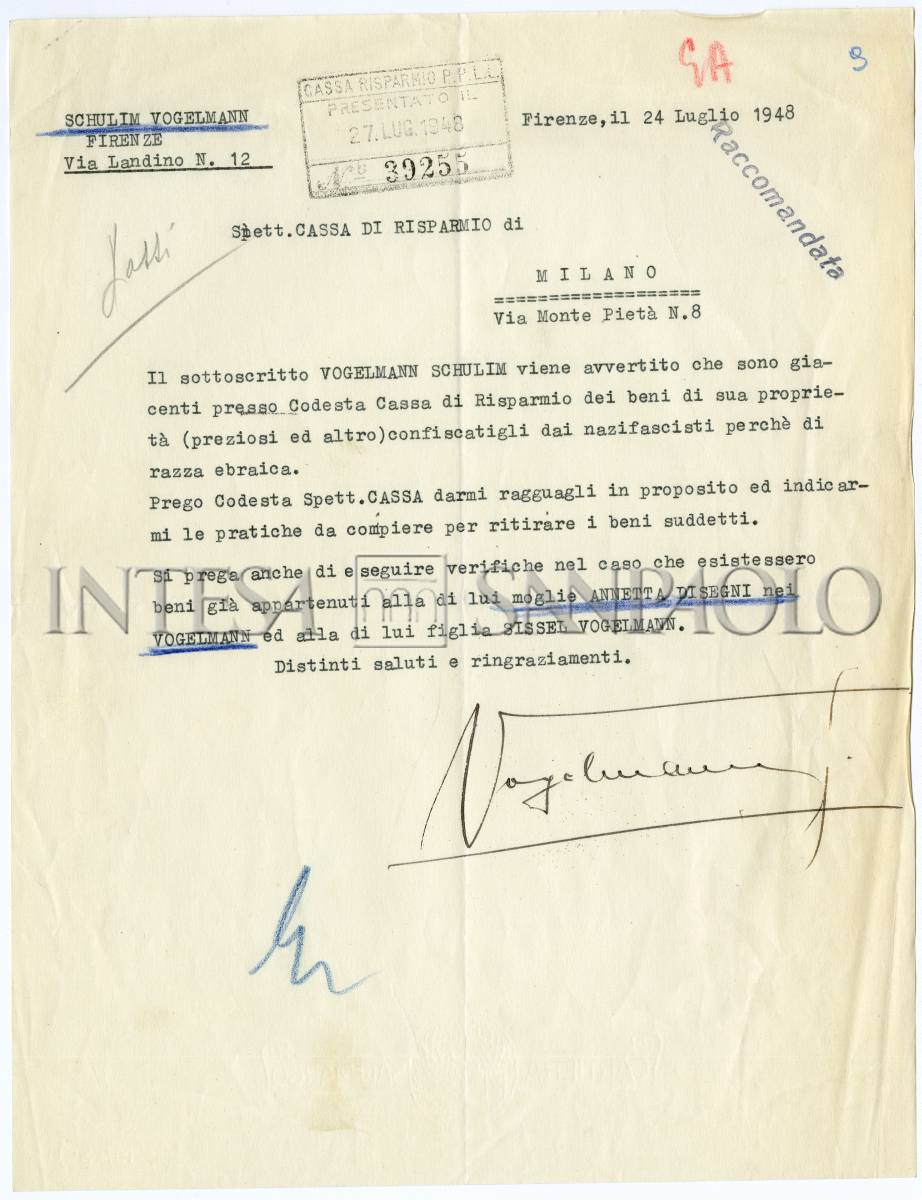 Lettera di Schulim Vogelmann in ricerca dei beni confiscati, 24 luglio 1948.